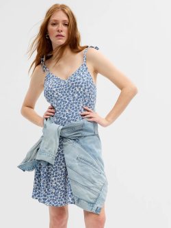 Mavi Desenli Keten V Yaka Mini Elbise