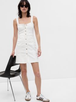 Beyaz Önü Düğmeli Denim Washwell™ Elbise