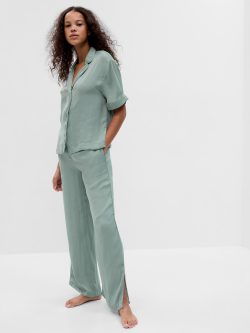 Yeşil Saten Wide Leg Pijama Alt