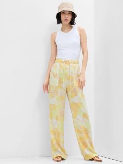 Sarı Keten Çiçek Desenli Wide Leg Pantolon