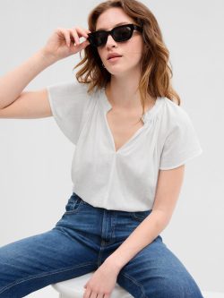 Beyaz Büzgülü Volanlı Kollu Bluz